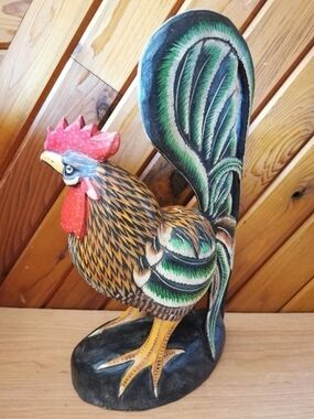 Large Vintage Hand Carved Wooden Rooster – Hand Painted Folk Art Decor